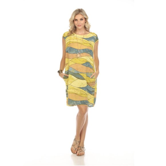 Mustard Navy Cap Sleeves Wave Print Dress Pocket Dress - Picture 1 of 5